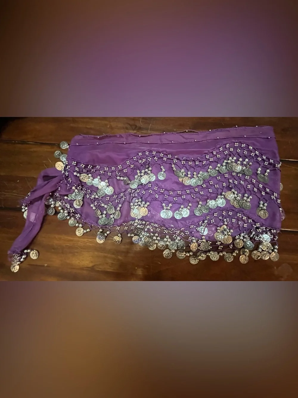 Purple Chiffon Belly Dance Hip Scarf Wrap Belt with Shimmering Silver Coins